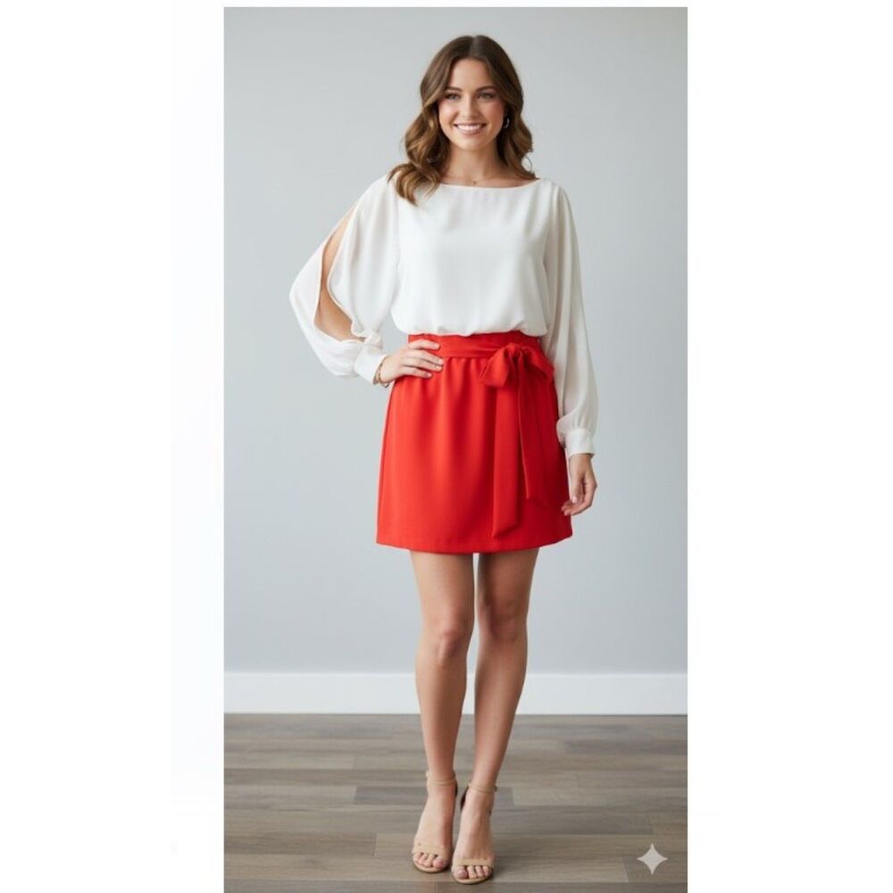 GRACIA Mini Dress Shear White Red Skirt Slit Sleeves Womens Size S